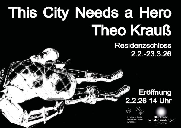 THIS CITY NEEDS A HERO Schwarz-weiß Plakat mit schemenhafter Ritterrüstung