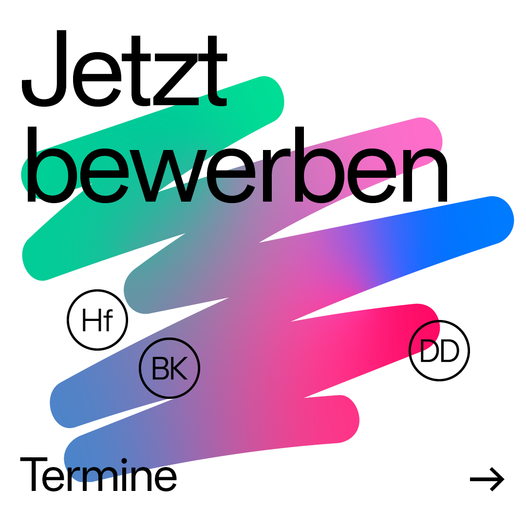 Flyer bunt mit der Aufschrift "Jetzt bewerben"